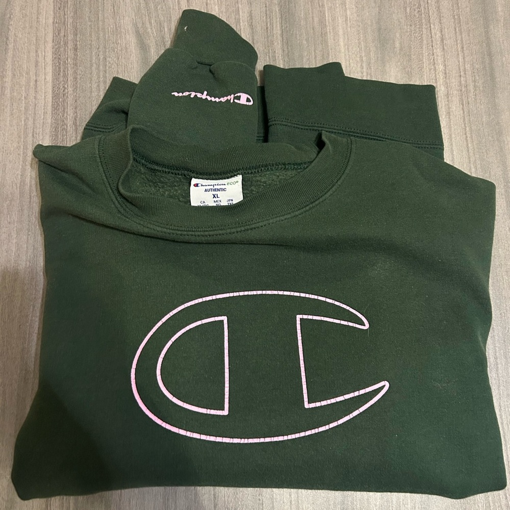 Champion Forest Green Crewneck with Pink Logo